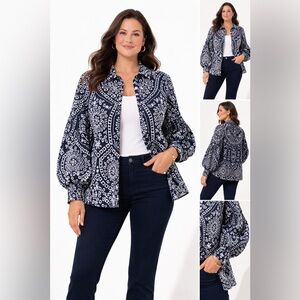 Chico’s Bishop Sleeve Eyelet Blouse Navy XL